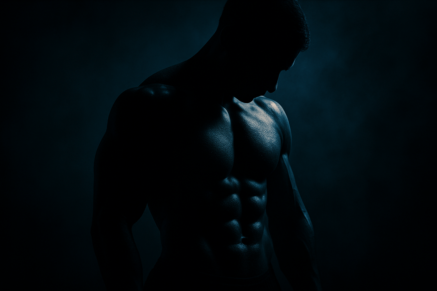 Athlete’s upper body in shadow with strong side light (no face shown).
Cool blue and black color tones, subtle fog or vignette.
Symbolizes discipline, recovery, and control.