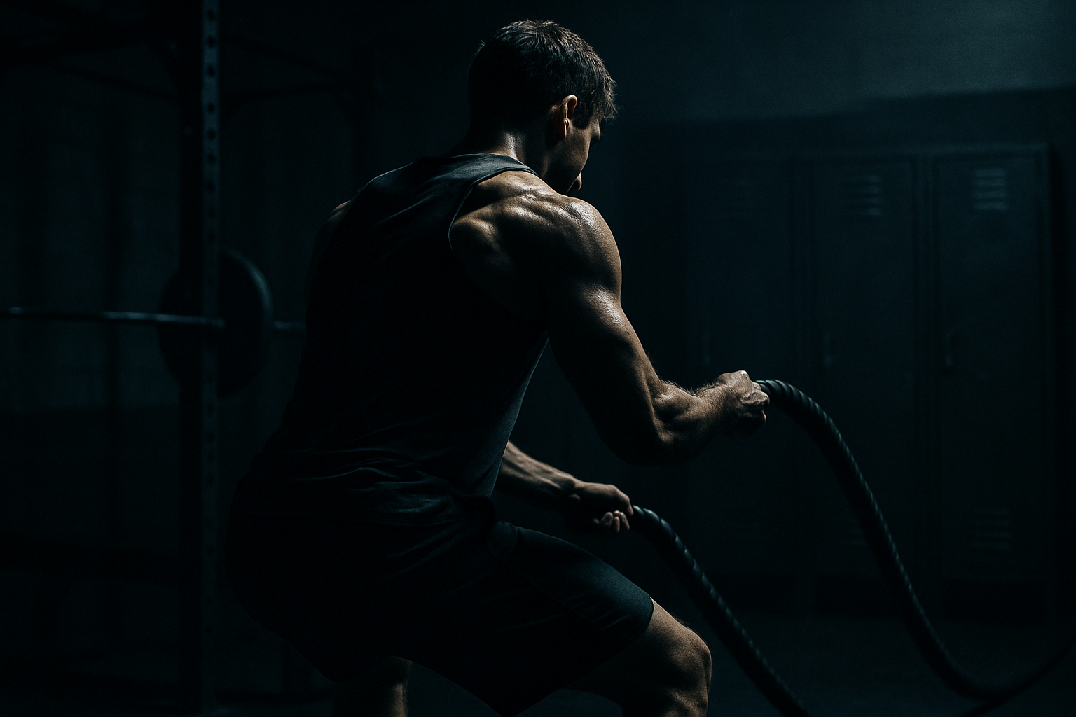 Shadowed gym or locker-room aesthetic with strong lighting contrast (think dim edges, bright highlight on physique).
Athlete mid-training (no face shown) to maintain privacy and universality.
Desaturated, with cool blues, blacks, and steel tones.